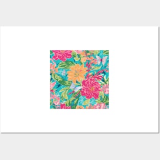 Preppy flowers and butterflies on turquoise Posters and Art